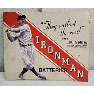 Ironman Batteries 16"x13" Tin Sign - Lou Gehrig New York Yankees Vintage